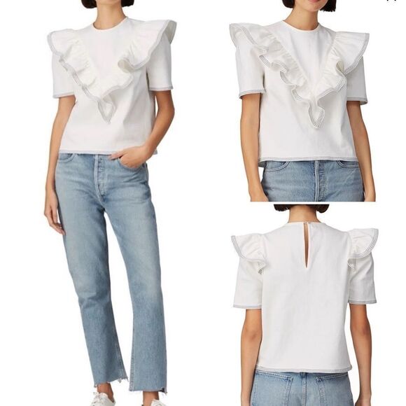 Saylor Harriette White Denim Ruffle Bodice Short Sleeve Top Sz S - Picture 1 of 16